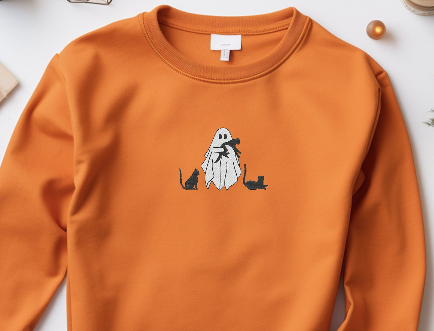 Embroidered Ghost Cat Lover Crewneck Sweatshirt