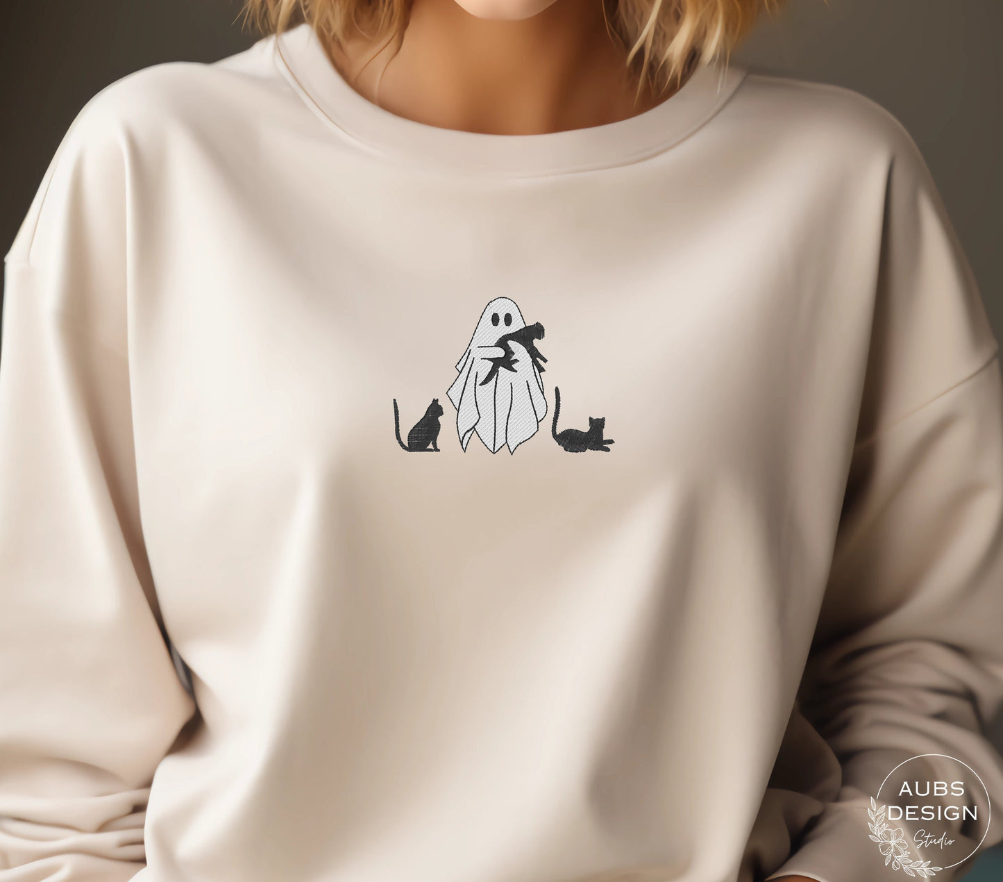 Embroidered Ghost Cat Lover Crewneck Sweatshirt