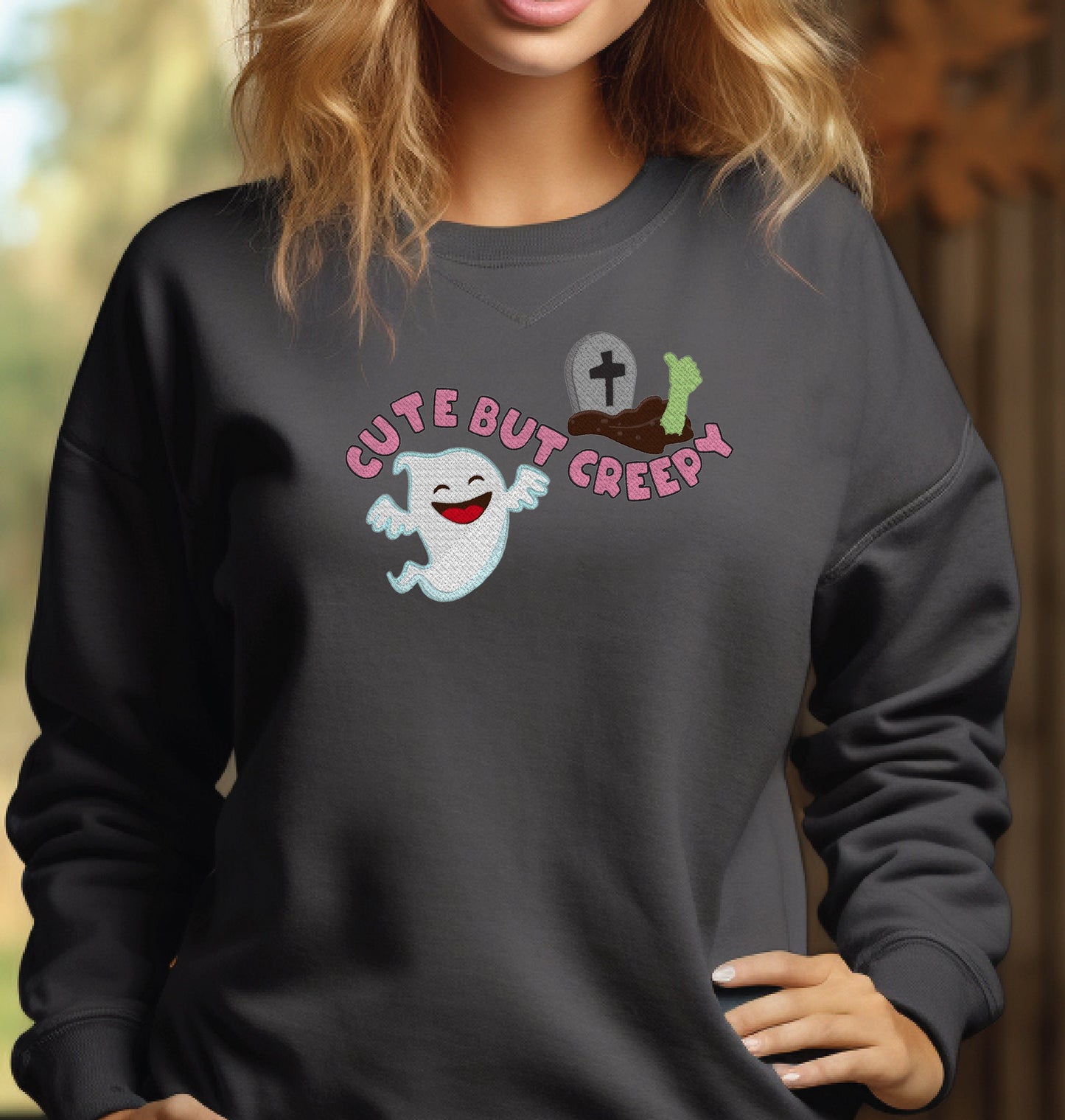 Cute But Creepy Halloween Ghost Sweatshirt Embroidered