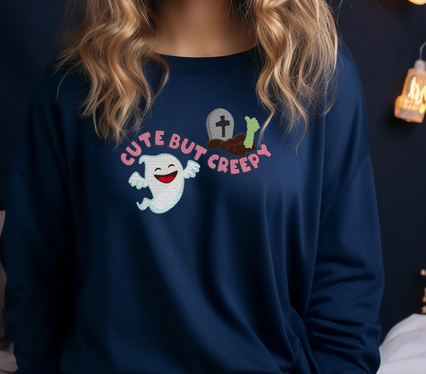 Cute But Creepy Halloween Ghost Sweatshirt Embroidered