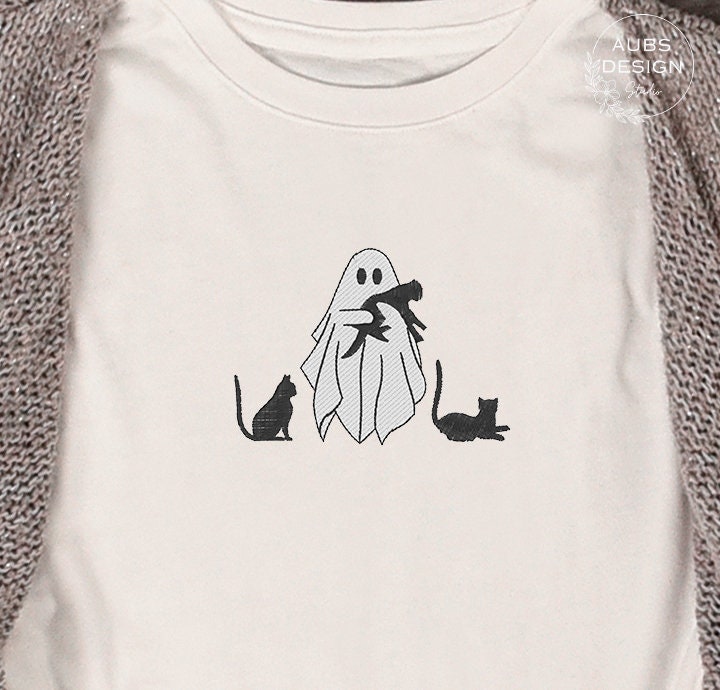 Embroidered Ghost Cat Lover Crewneck Sweatshirt