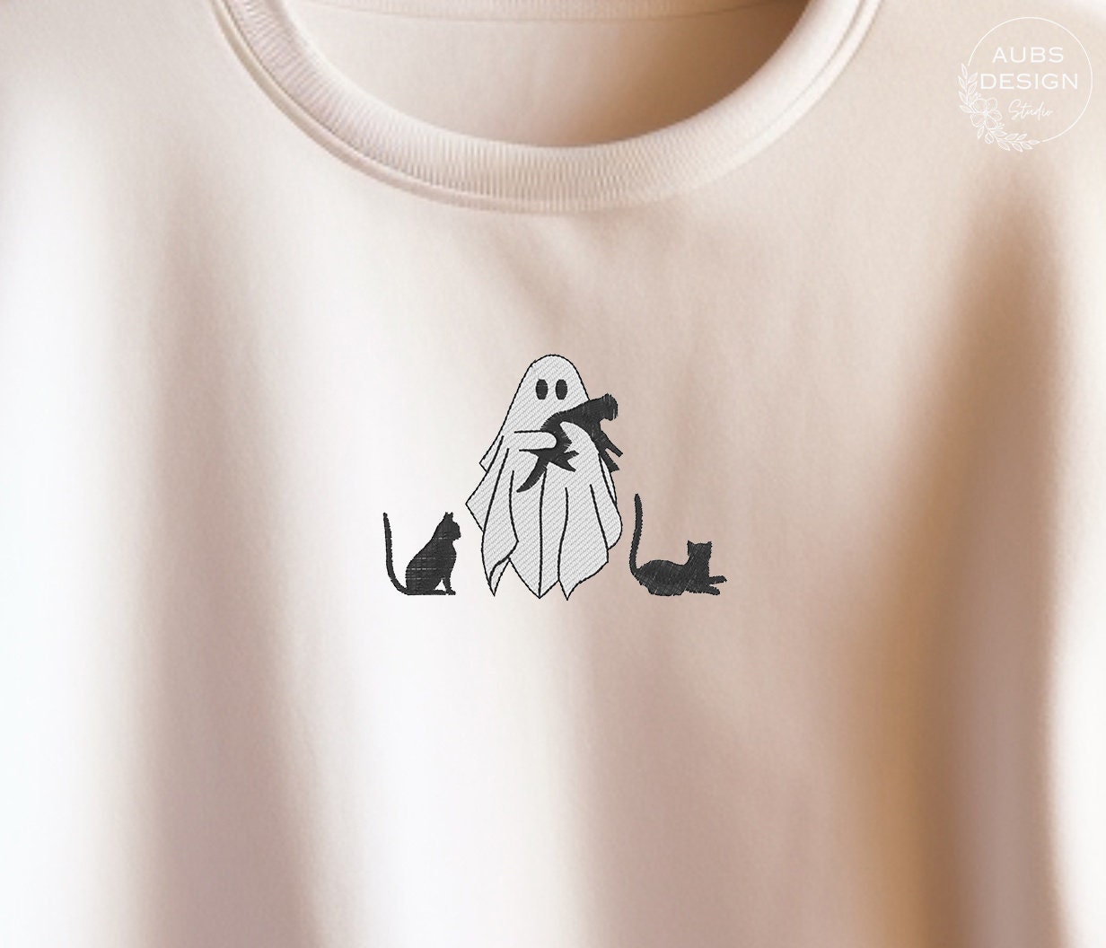 Embroidered Ghost Cat Lover Crewneck Sweatshirt