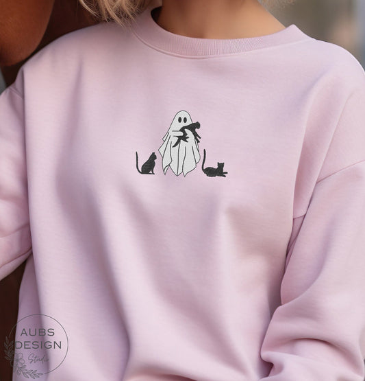 Embroidered Ghost Cat Lover Crewneck Sweatshirt