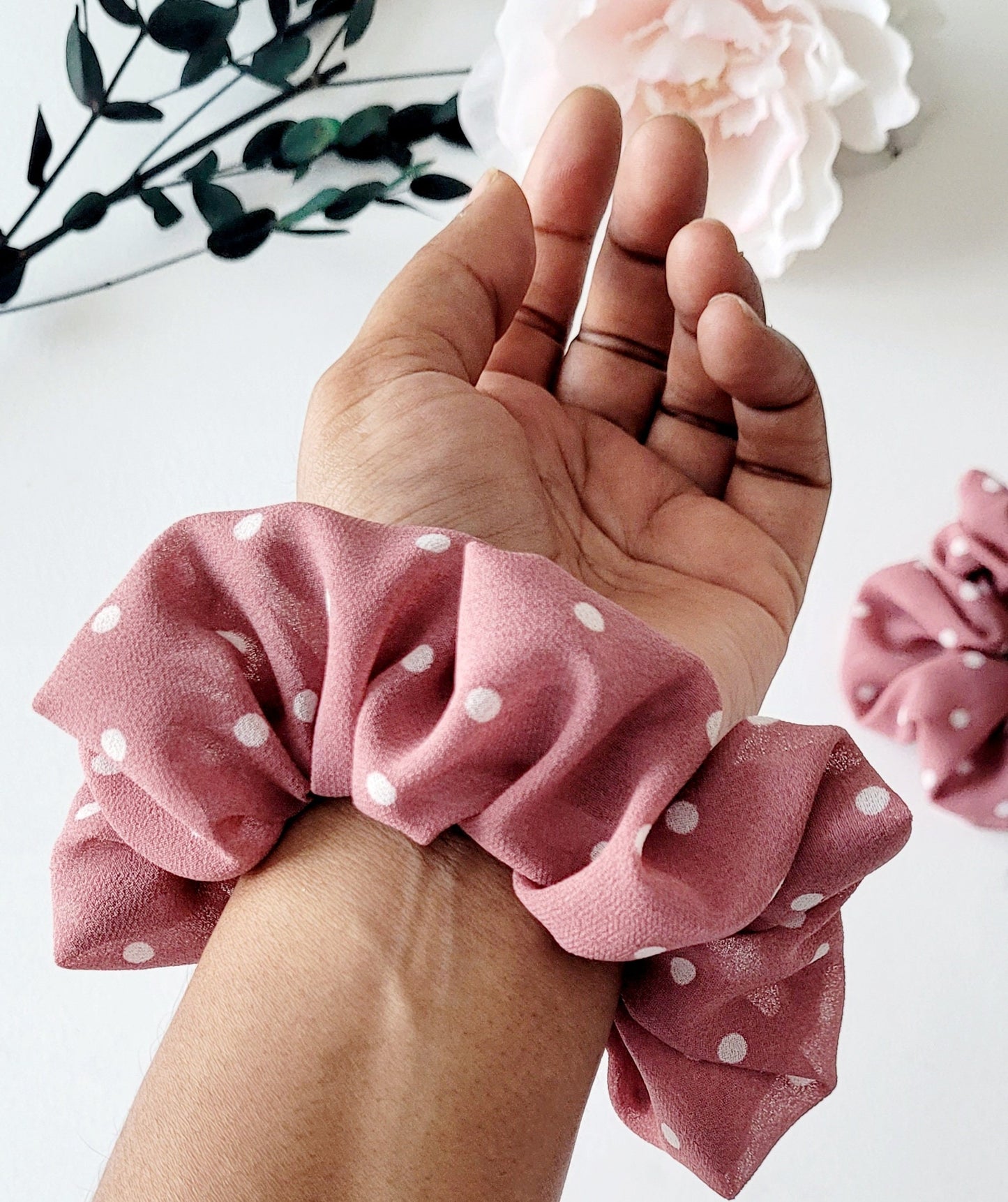 Pink Polka dot Soft Scrunchie